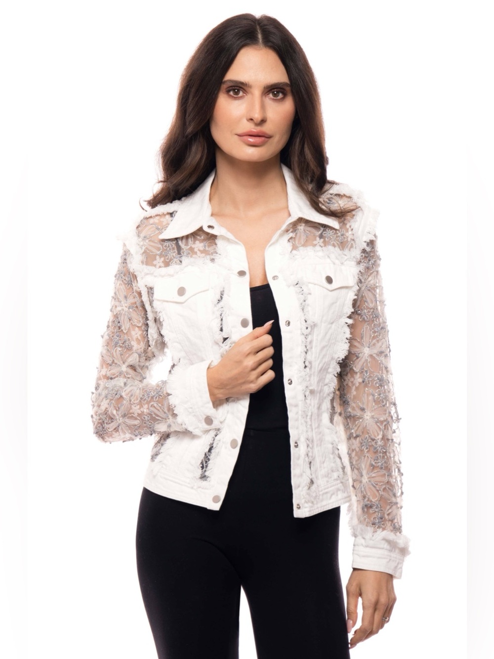 Adore White Denim Jacket with Pastel Floral Embroidered Sheer Sleeves